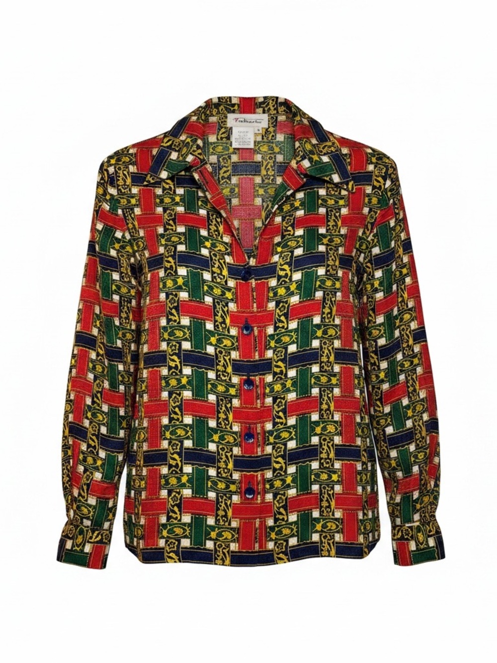 Vintage Talbot’s Equestrian 100% Silk Red Blue Green Gold Blouse Sz 4